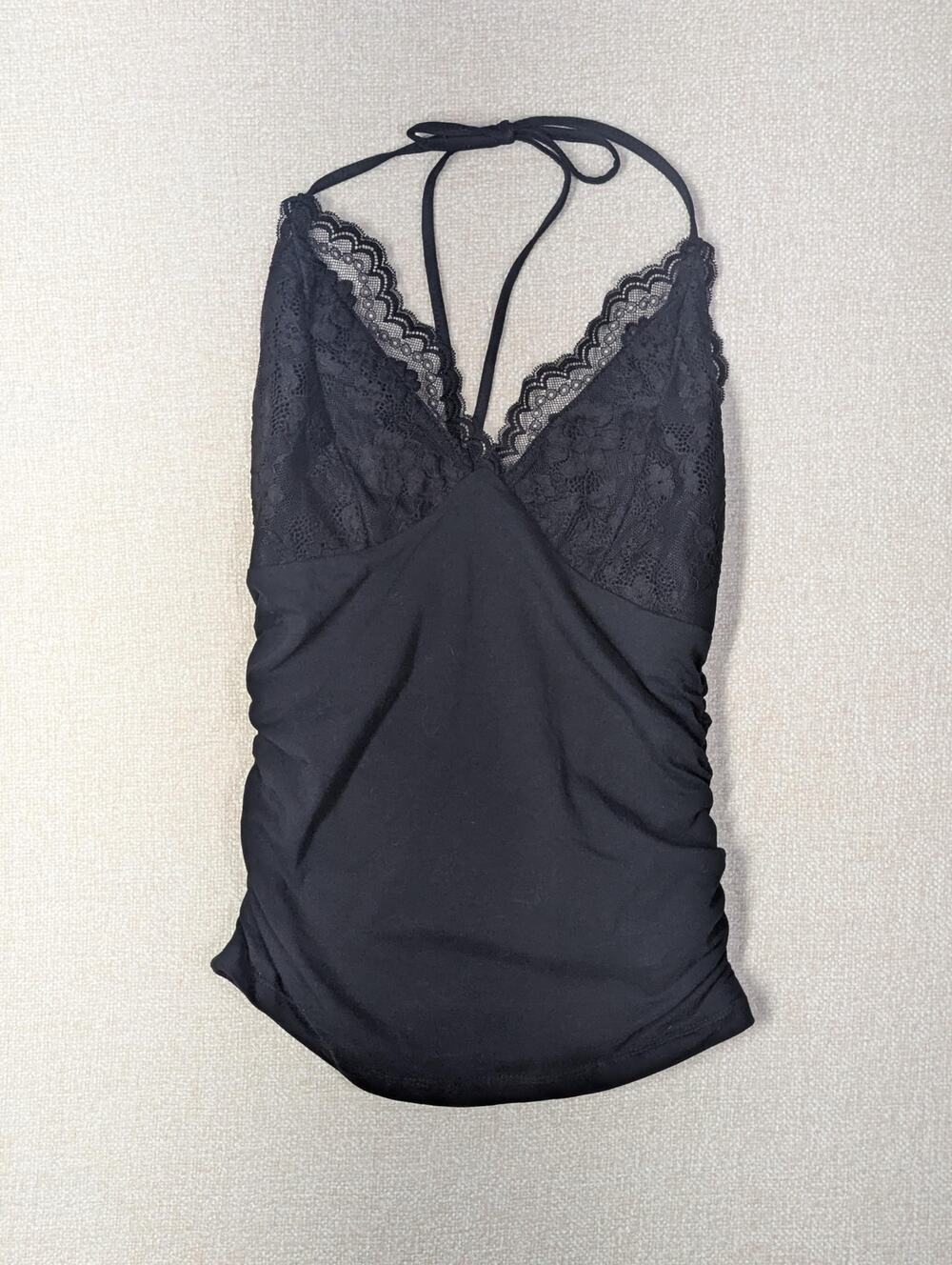 Soft Goth Lace Halter Cami | Black Ruched Y2K Clubwear Top